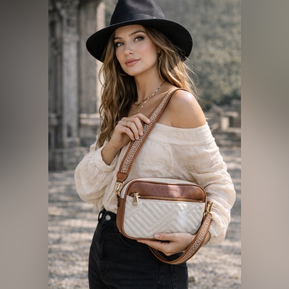 Bostanten Handbags - Bostanten Quilted Crossbody Bag in White and Brown